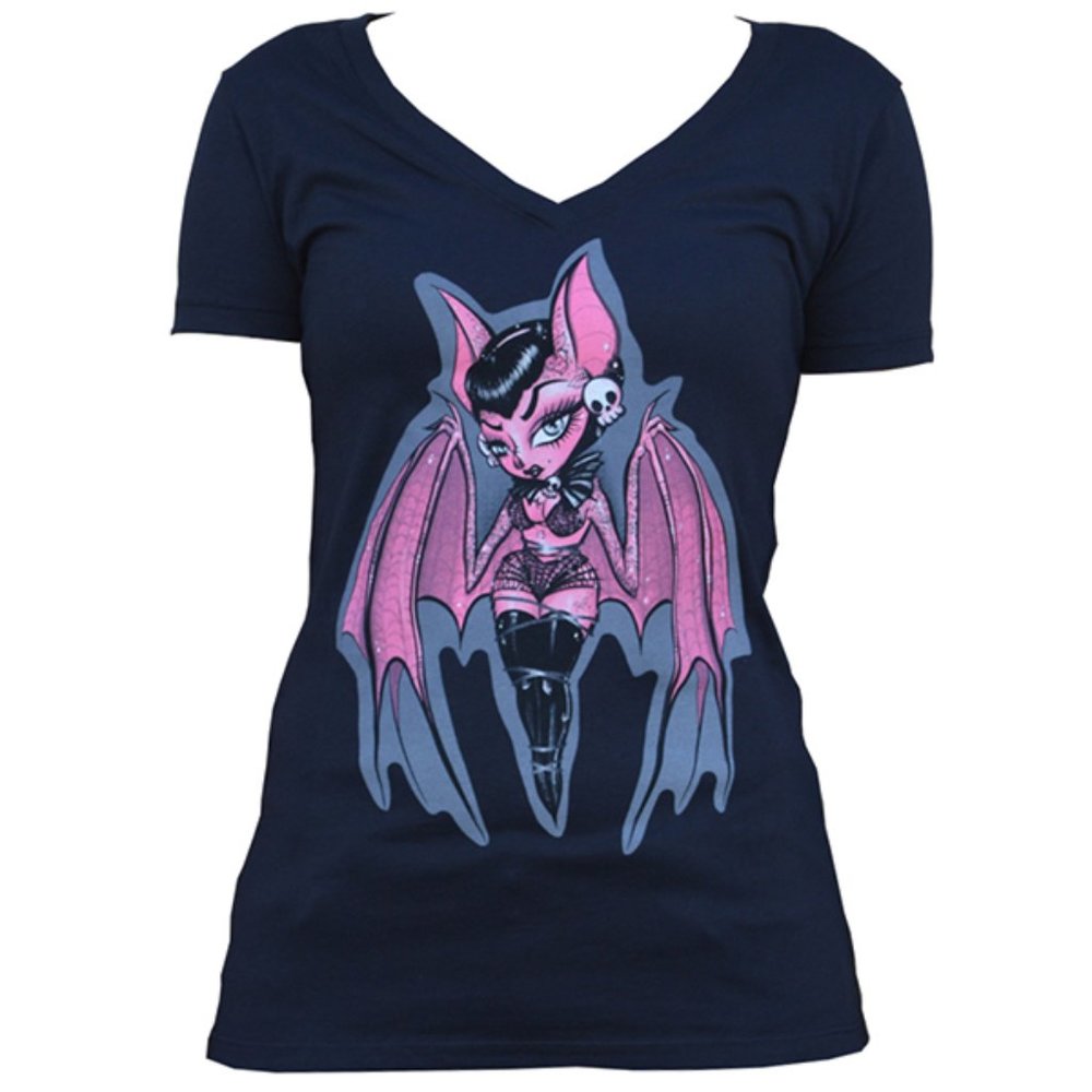 Black V-neck Women's Fitted Graphic Tee Sexy Gothic Bat Girl S-M-L-XL-2XL NWT